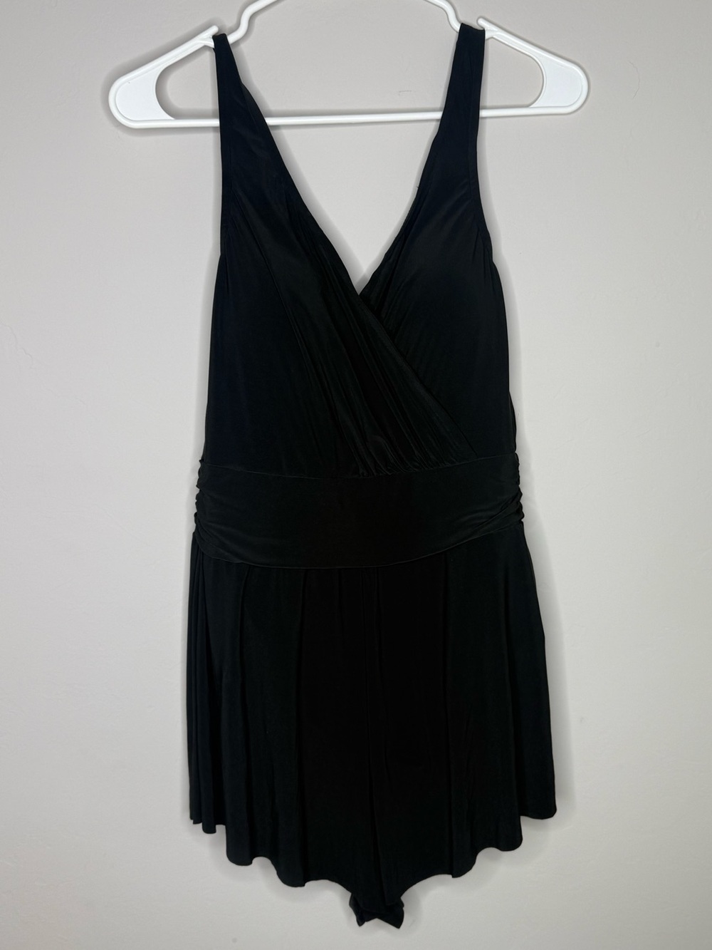 Vanishing Act black skirted swim dress romper size 14 slimming